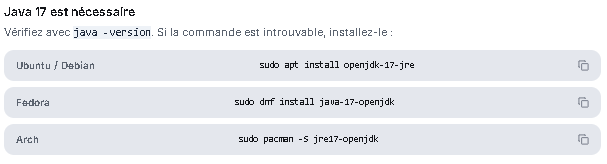Référence des commandes d'installation de Java 17 sous Linux